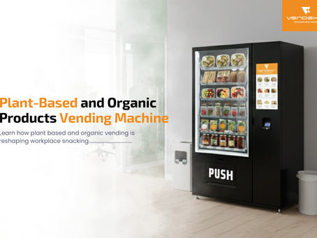 Plant-based and organic vending machine stocked with fresh salads, fruit bowls and healthy snacks in a modern office setting, highlighting sustainable workplace snacking options.