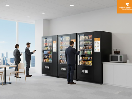 Self service micro market in a modern office with smart vending machines offering snacks and beverages through cashless payments.