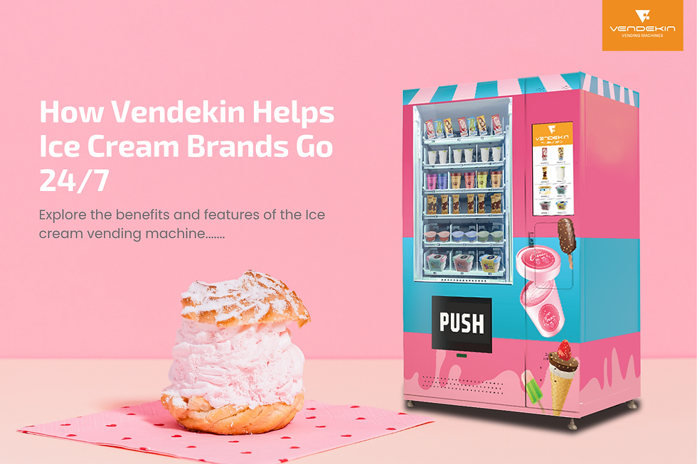 Ice cream vending machine and dessert on pink background illustrating 24/7 smart vending for ice cream brands.