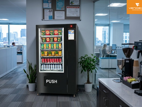 Smart snack and beverage vending machine installed in a modern office break area, offering cashless purchases and supporting vending performance tracking.