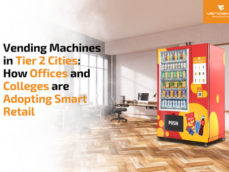 Sleek smart vending machine offering snacks and cold beverages in a modern corporate office break area