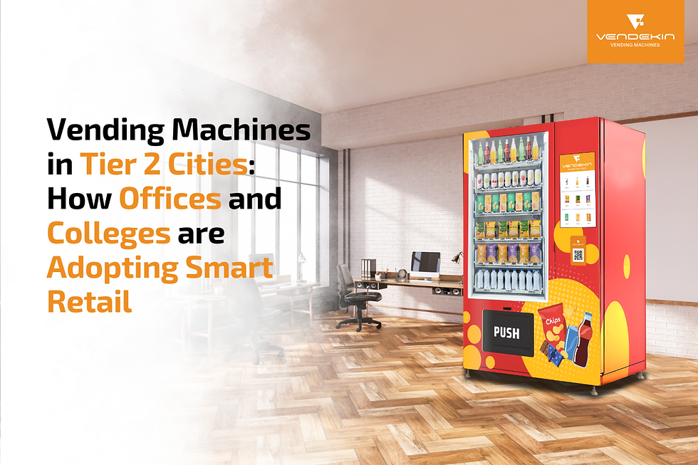 Sleek smart vending machine offering snacks and cold beverages in a modern corporate office break area