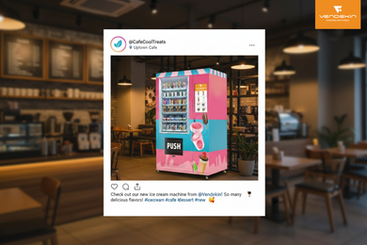 A colorful ice-cream vending machine featured in a café’s social media post, highlighting how content marketing showcases vending machines in real customer environments.