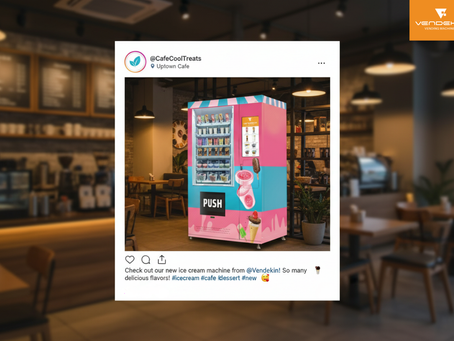 A colorful ice-cream vending machine featured in a café’s social media post, highlighting how content marketing showcases vending machines in real customer environments.