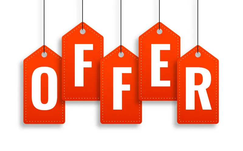 A price tag-type banner with an offer written on it