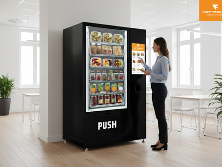 Eco friendly vending machine in a bright office space, offering healthy products through a sustainable self service setup.