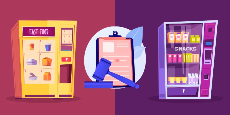 Different types of vending machines, a gavel and a notepad.