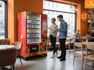 Two people using a colorful smart vending machine in a modern café setting, representing Vendekin’s customizable vending solutions for diverse business environments.