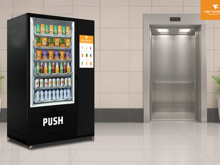 Elevend Multivend 22 elevator vending machine installed in a modern elevator lobby