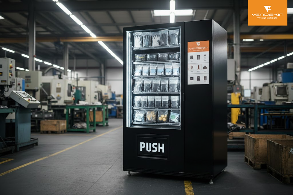 Industrial vending machine stocked with PPE and tools placed inside a manufacturing facility, supporting controlled access and shop floor inventory management.