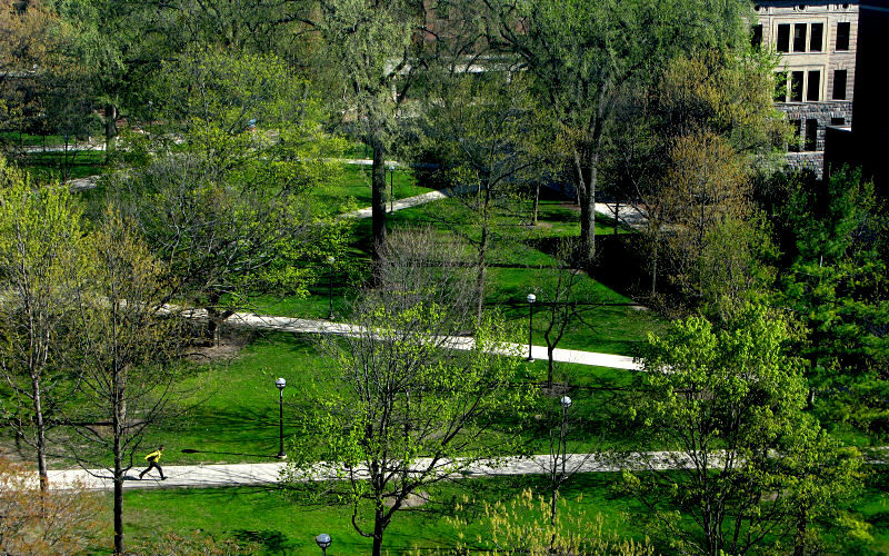 An overhead shot of University of Michigan's Diag during the spring