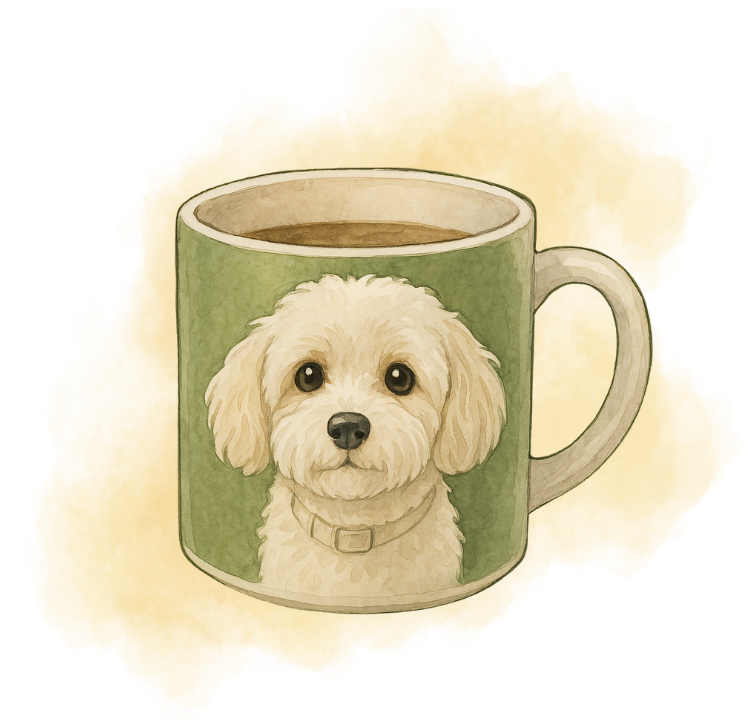 A watercolor-style illustration of a green coffee mug filled with coffee, featuring the face of a fluffy cream-colored dog on the front, set against a soft yellow background.