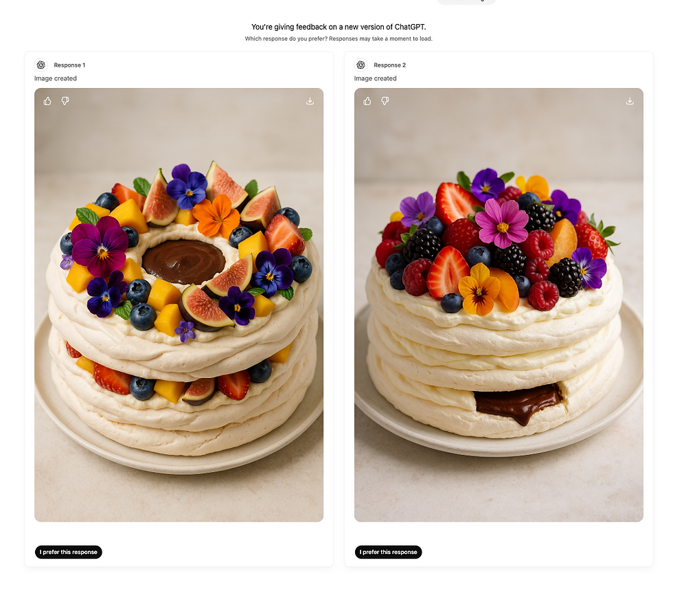Two colorful layered pavlovas topped with vibrant fruits and edible flowers on plates. Chocolate is visible inside one. Neutral background.