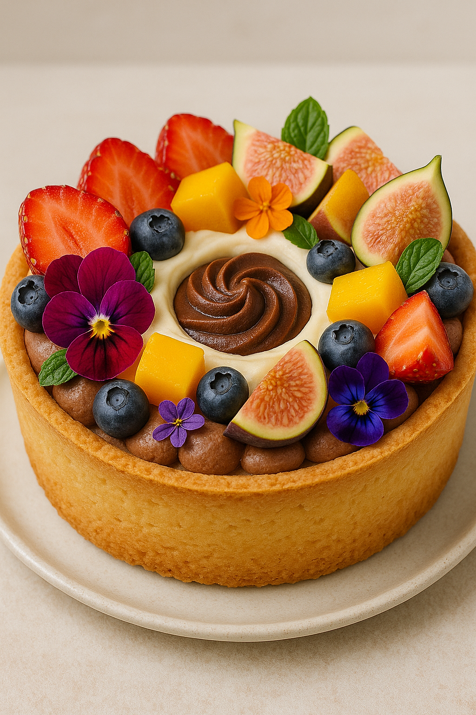 Fruit tart with figs, strawberries, blueberries, mango, and edible flowers on creamy filling, set on a neutral background, creating a colorful and elegant presentation.