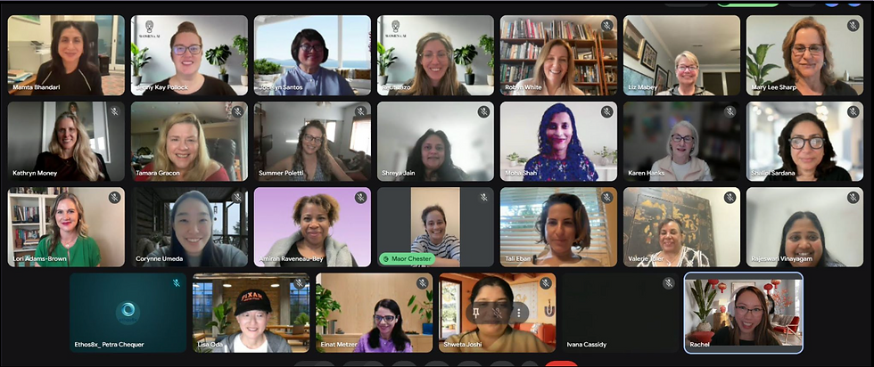 Zoom gallery of many AI Advantage cohort showing smiling women in video tiles, with bookshelves and plants in the backgrounds; names appear on each tile.