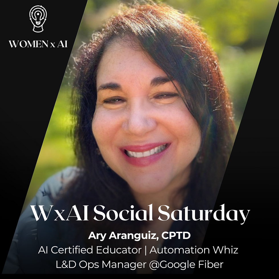 Smiling person outdoors, blurred background. Text: WxAI Social Saturday, Ary Aranguiz, CPTD, AI Certified Educator, Automation Whiz, L&D Ops Manager @Google Fiber.