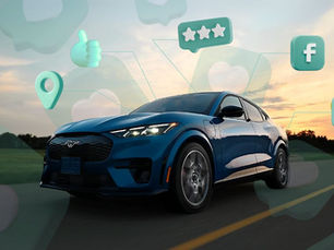 Blue Ford Mustang Mach-E with glowing icons for social media, reviews, and location, symbolizing digital marketing.