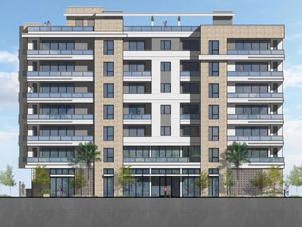 Multi story mixed use building in downtown Oceanside, California. Modern style 7 story building, white and stone