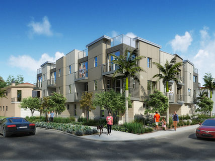 grey beige stucco accents 3 story building corner image with palm trees and cars render
