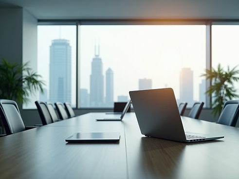Modern office interior, professional meeting table with laptops, clean and bright..png