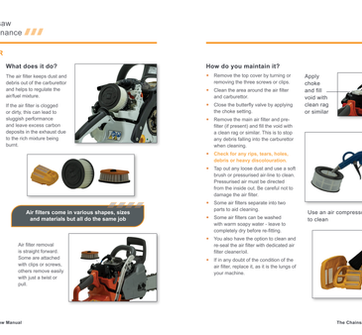 Excerpt from our chainsaw maintenance and cross cutting manual featuring detailed information and illustrations on how to maintain an air filter