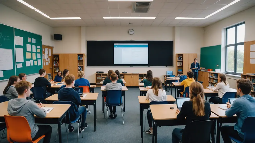 Wide angle view of a classroom with students engaged in XR learning