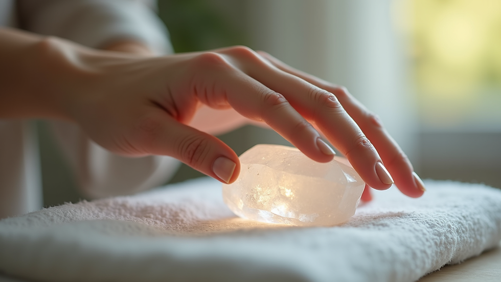 Vue rapprochée d’une main posée sur un cristal de quartz pour une séance de thérapie énergétique