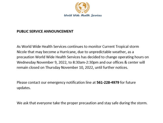 Tropical Storm Nicole-Office & Center Hours & Closure