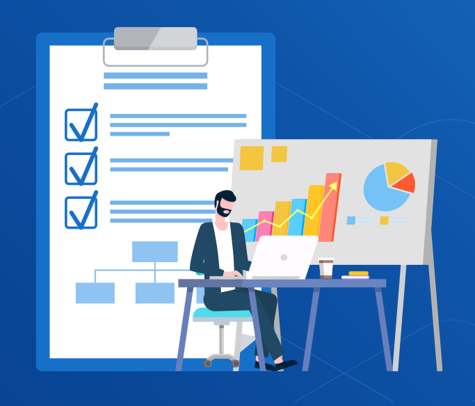Person working at a laptop beside a checklist clipboard and colorful charts on an easel, with Sesame Software logo on blue background