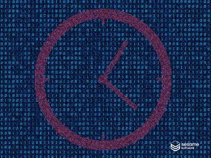 Red clock against a blue digital binary code background. "Sesame Software" logo in bottom right. Futuristic and tech-focused theme.
