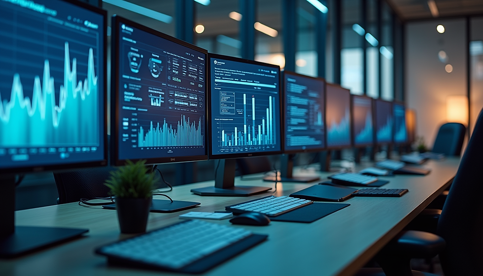 Modern office desk with a row of monitors showing blue data charts and dashboards, keyboards and mouse in front, calm tech workspace
