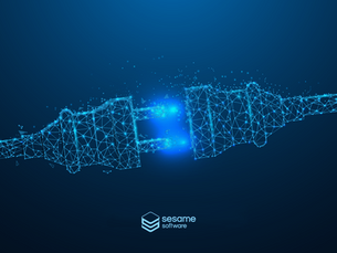 Disconnected data plug illustrated as a glowing geometric network structure with a broken connection point, representing enterprise data integration gaps — Sesame Software