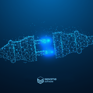 Disconnected data plug illustrated as a glowing geometric network structure with a broken connection point, representing enterprise data integration gaps — Sesame Software