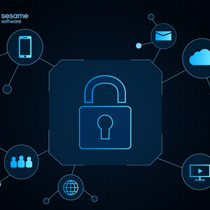 Blue lock icon centered on a dark background. Lines connect to icons: smartphone, email, cloud, people, globe, monitor. "Sesame Software" in top left.
