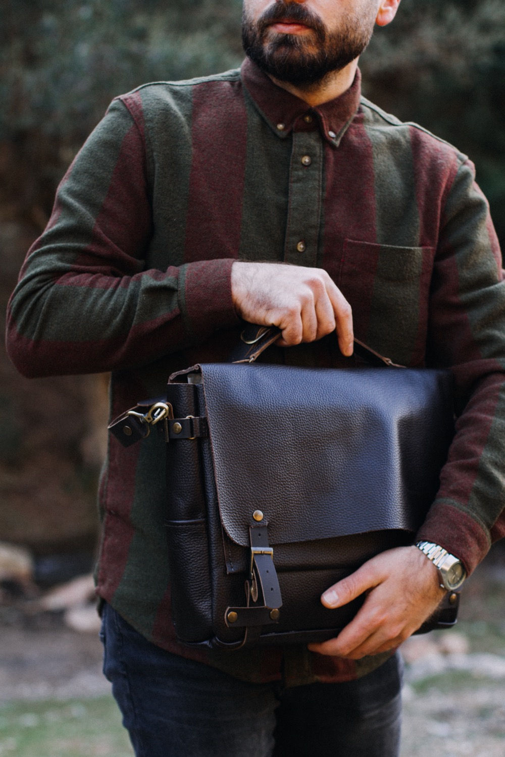 fransız stil erkekderi omuz çantası kahverengi