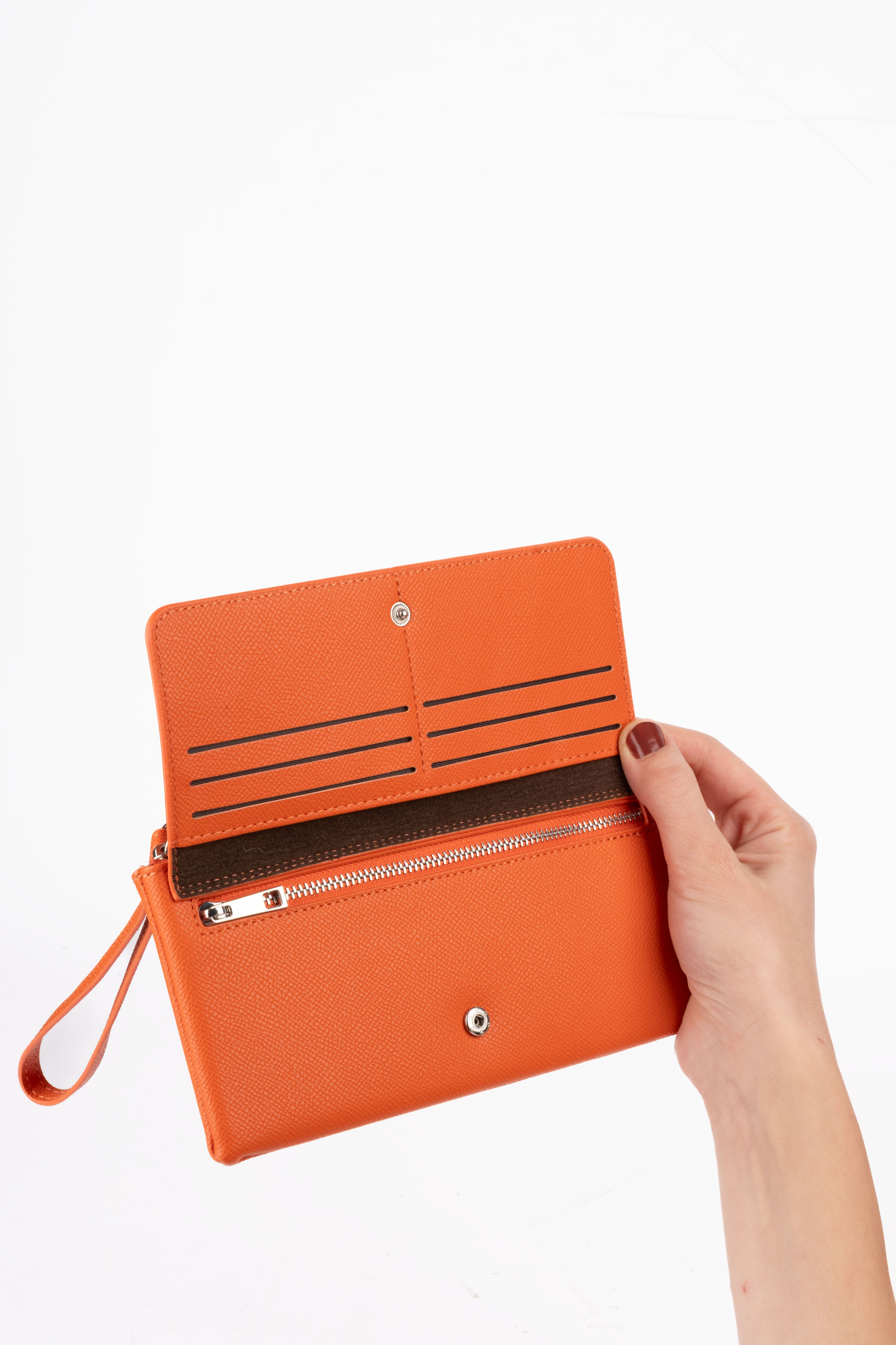 Kadın Vegan Ithal Deri Askılı Cüzdan – Fermuarlı & Kartlıklı Cüzdan Turuncu