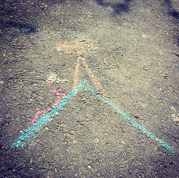 Man on roof with camera. Chalk drawing. Up on the Roof logo.