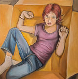 Painting of a teenage girl wearing a purple shirt and jeans in a box
