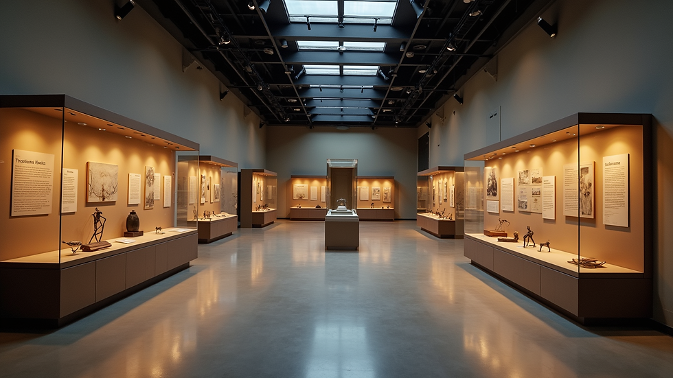 High angle view of a museum exhibition hall with well-lit artifacts and informational plaques