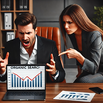 Two people in an office are stressed over a laptop showing "Organic Search" with a declining chart. Papers and a phone on the desk.