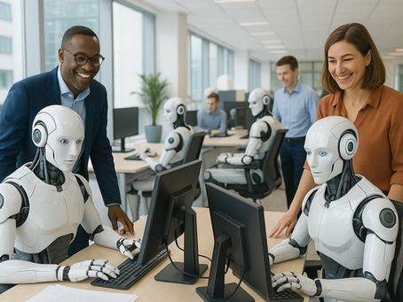 People and robots work together at computers in a modern office. The atmosphere is collaborative and futuristic, with bright natural light.