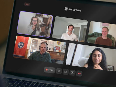 Five people on a video call, each in separate rooms. The screen shows a "Riverside" label and a 24:03 timestamp. Mood is focused.