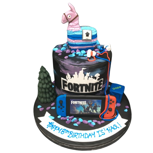 A creatively designed Fortnite themed cake with intricate details and vibrant colours perfect for fans of the popular video game.