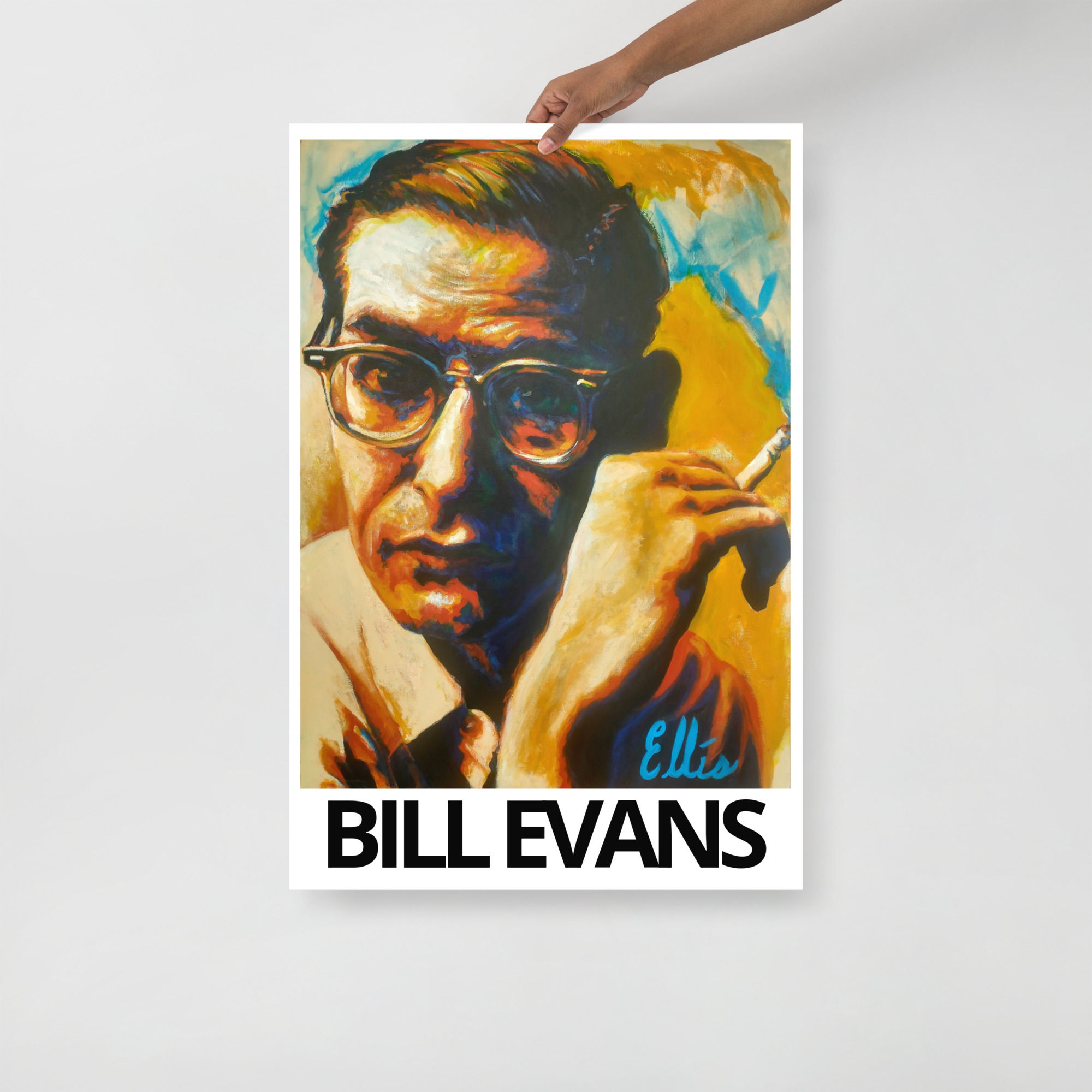 Fine art poster of Bill Evans painting by Tim Ellis with title.