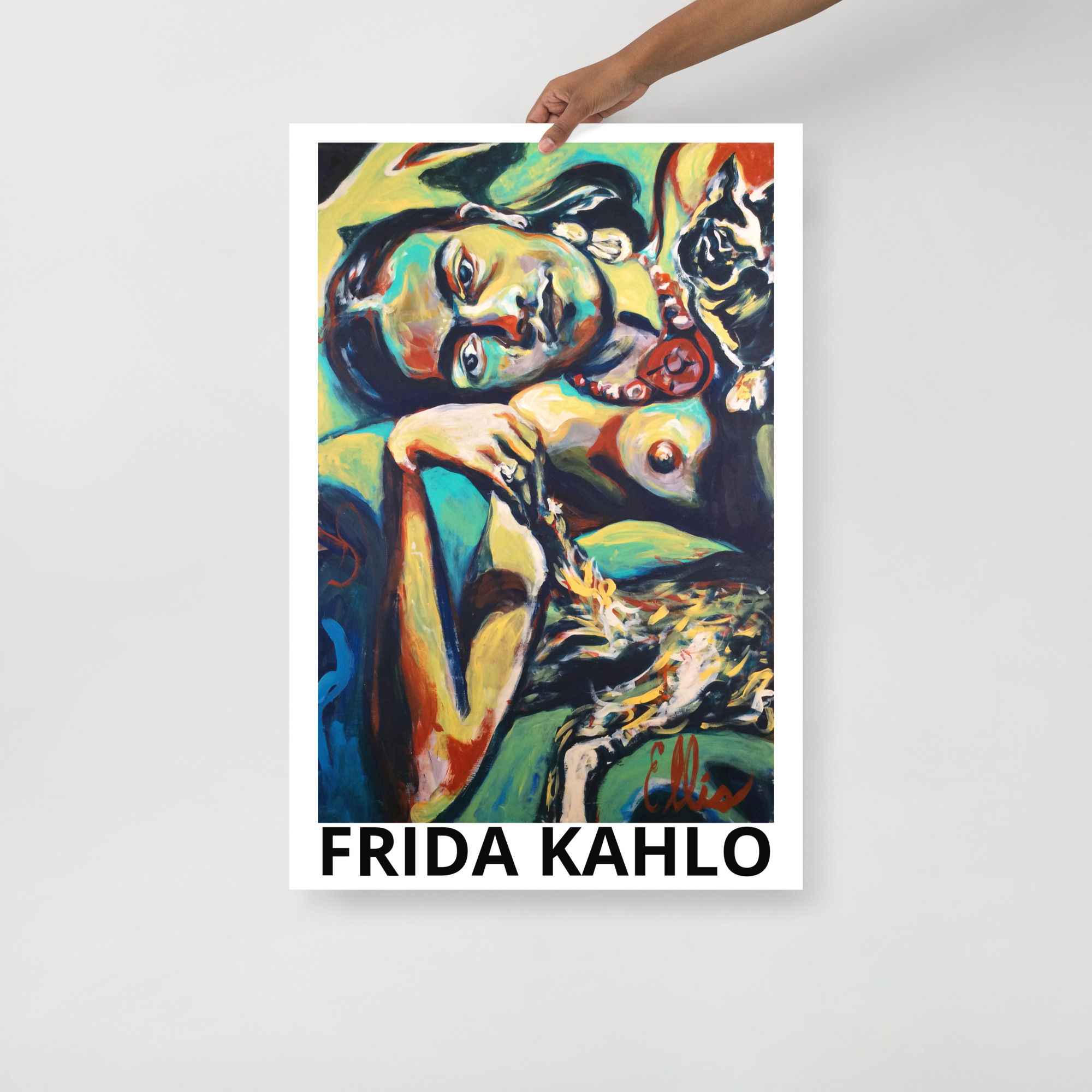 Fine art poster of Frida Kahlo with Cats painting by Tim Ellis with title