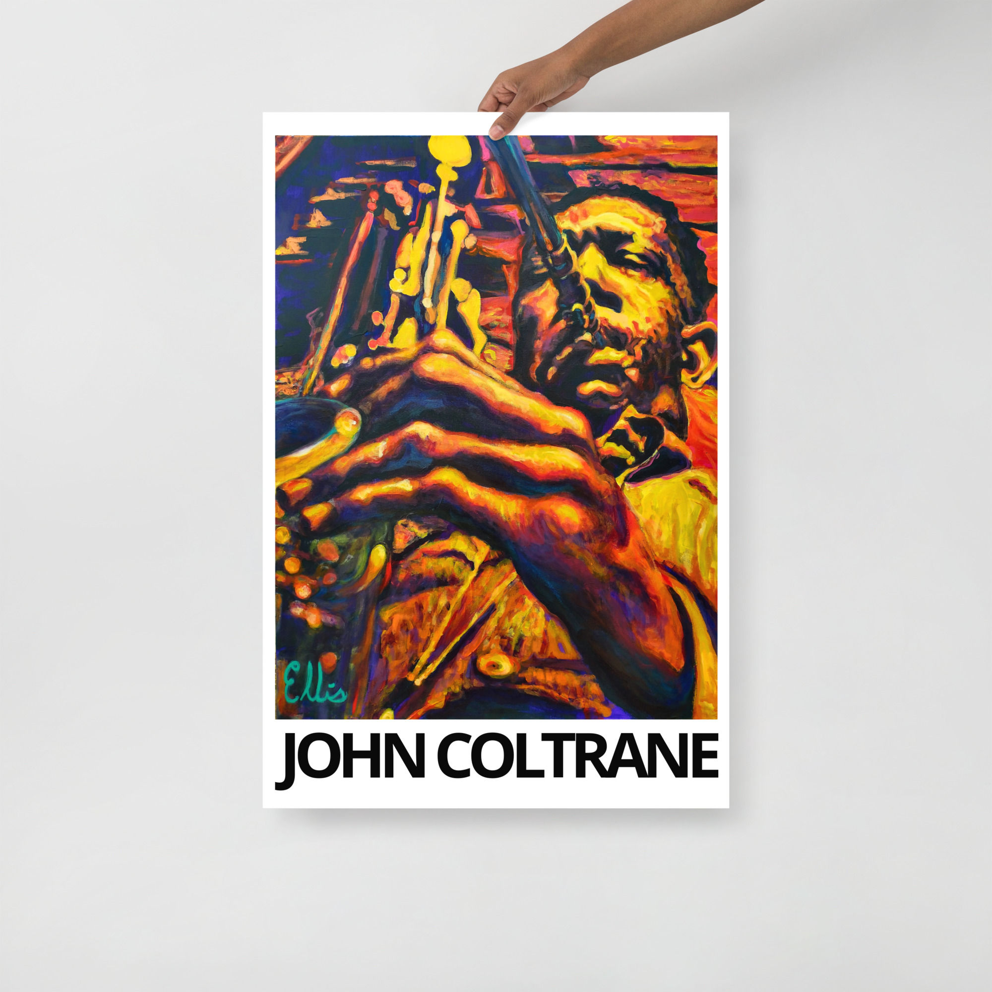 Fine art poster of John Coltrane painting by Tim Ellis with title.