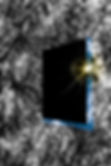 A black hatch opens in the sky over a canopy of trees.
