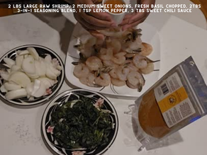 Preparing a flavorful dish with large raw shrimp, sweet onions, and fresh basil, enhanced by                                              LaForest Savors 3-in-1 Seasoning Blend.