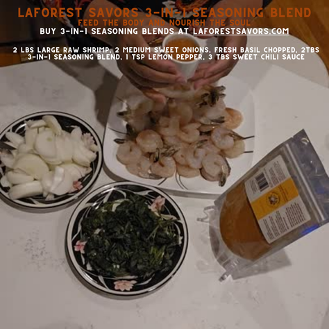 Preparing a flavorful dish with large raw shrimp, sweet onions, and fresh basil, enhanced by LaForest Savors 3-in-1 Seasoning Blend.