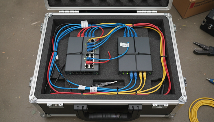 Top-down view of labeled patch cables crossing between two network switches on a portable equipment case